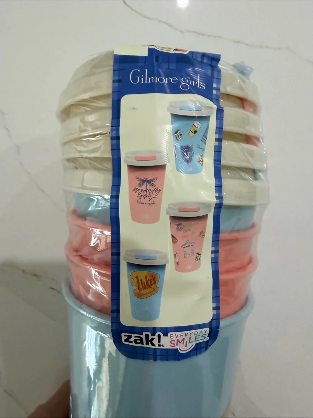 Luke's Gilmore Girls Blue Stackable Coffee Cups by Zak Set of four with tops.